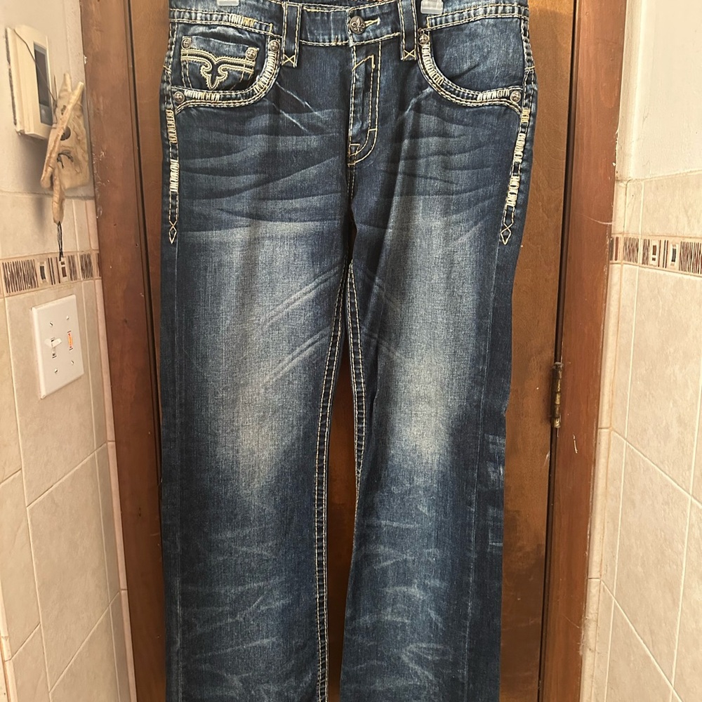 Men's Rock Revival Blue Bootcut Distressed Jeans with Vintage Wash 36 x 32